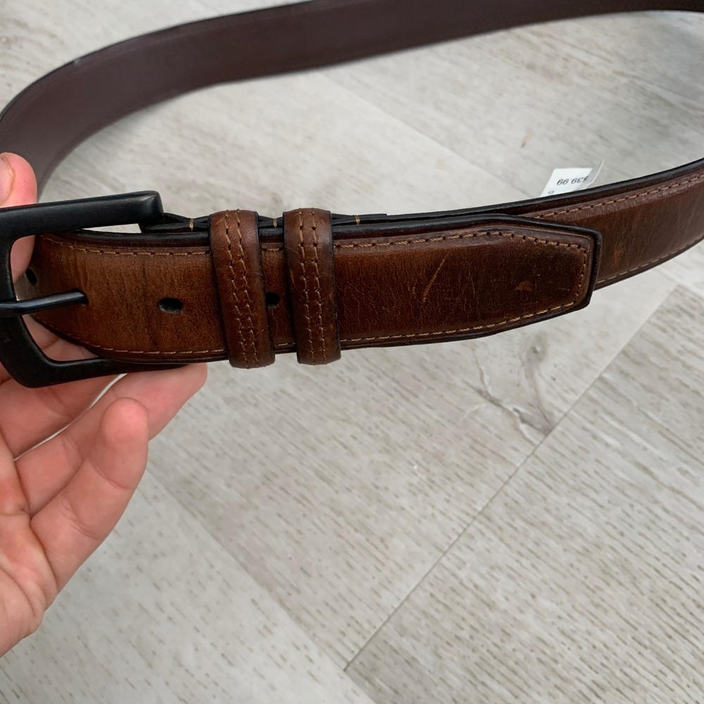 Mens Tan Brown Leather Stitched Belt Matte Black Buckle Size 44 6CTGDHAS70268